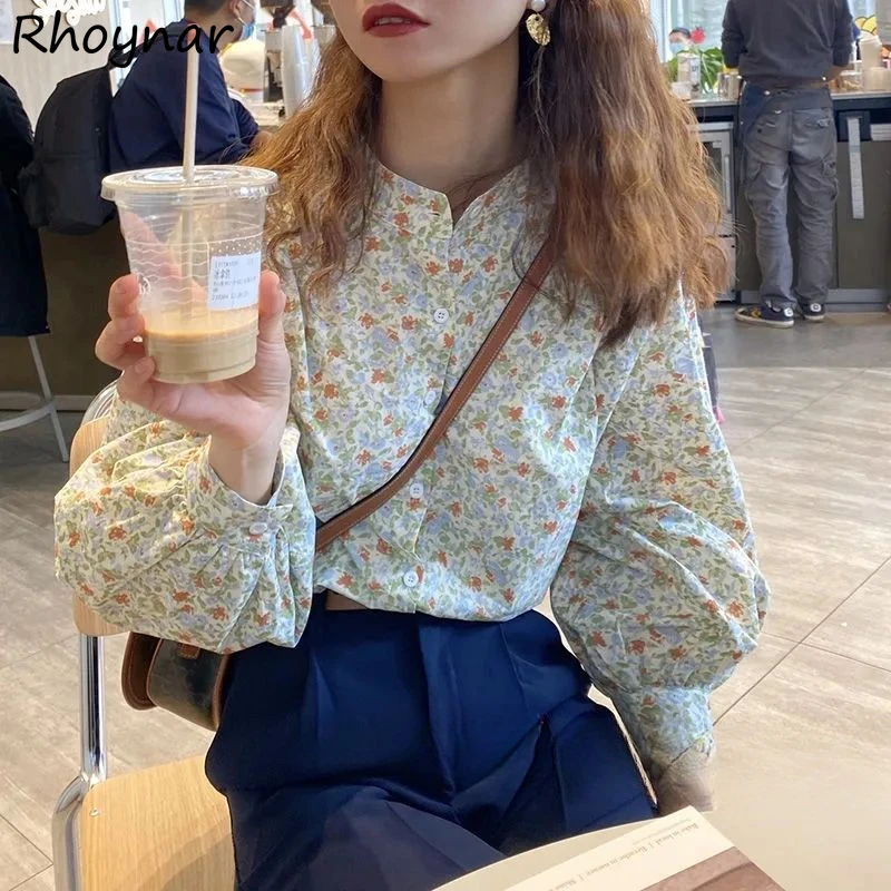 

Shirts Women Floral Print Stand Collar Lantern Sleeve Sweet Girls Loose Fit Korean Style Casual Streetwear Fashion Soft Chic