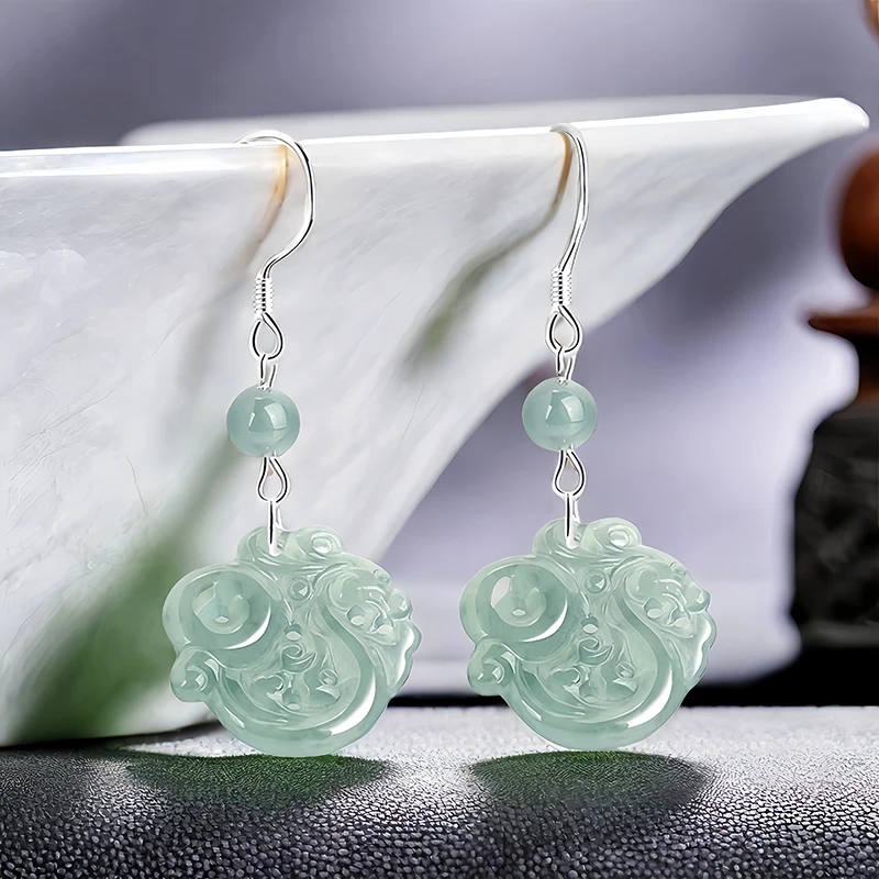 

Blue Myanmar Jade Dragon Earrings 925 Silver Emerald Amulet Natural Jewelry Talismans Gift Carved Designer Real Burmese Jadeite