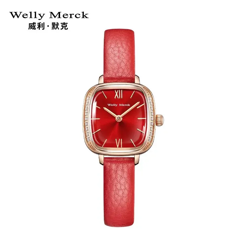 Genuine Welly Merck Girl's Small Square Watch Quartz Watch Green Red Trend Ins Watches