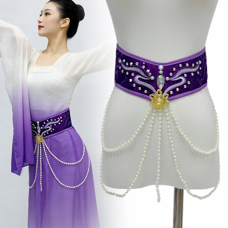 Chinese Retro Girdle Pearl Tassel Waist Chain Corset Belt Cummerbunds for Traditional Folk Dance Opera Stage Performance Costume