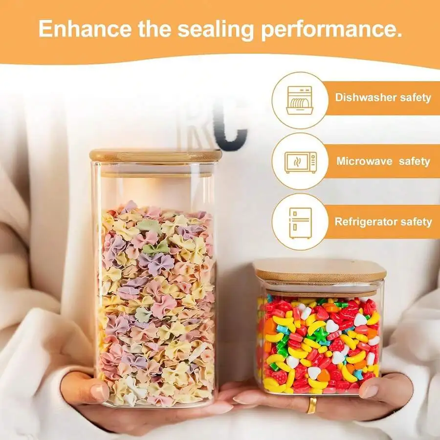 6PCS Glass Storage Jars, 37oz Clear Glass Food Storage Container With Sealed Bamboo Lid Stackable Kitchen Jars For Candy, Biscuits, Rice, Sugar, Flour, Pasta, Nuts & Spice Jars (Square) view 6