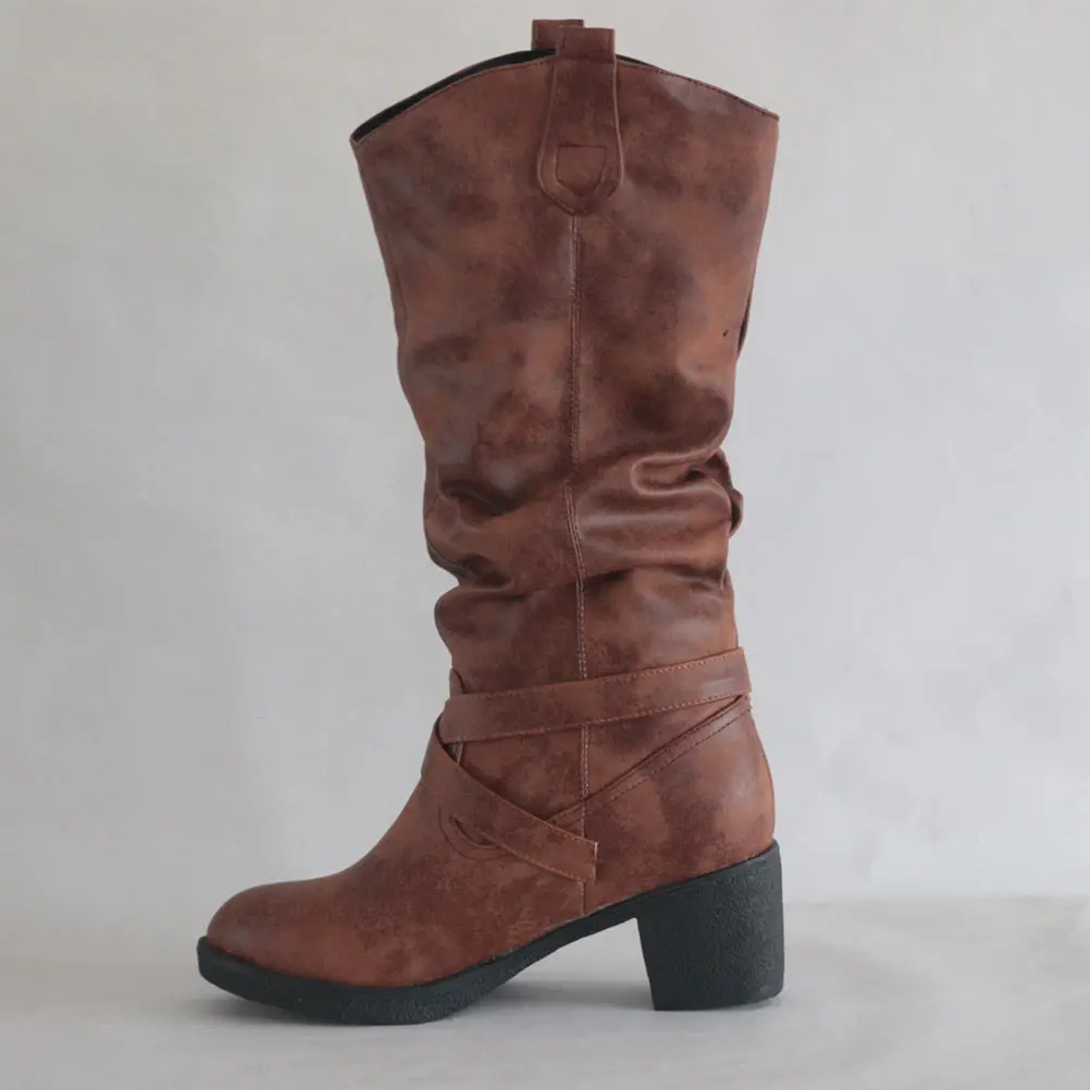 

Женские сапоги на низком каблуке, рыцарские туфли в стиле ретро с перекрестием, женские аксессуары до колена, зимние коричневые женские туфли