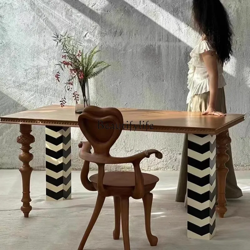 

Medieval simple striped solid wood dining table, French creative retro rectangular dining table