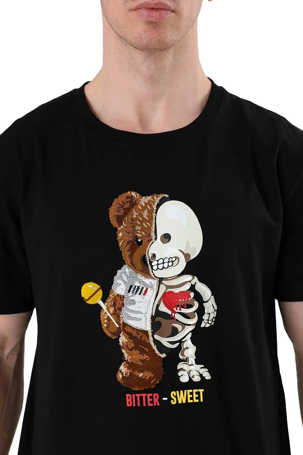 Mens Premium Technique Tees - Stylish Urban Streetwear Bitter Sweet Print Bear Graphic Rhinestone Patch T Shirt