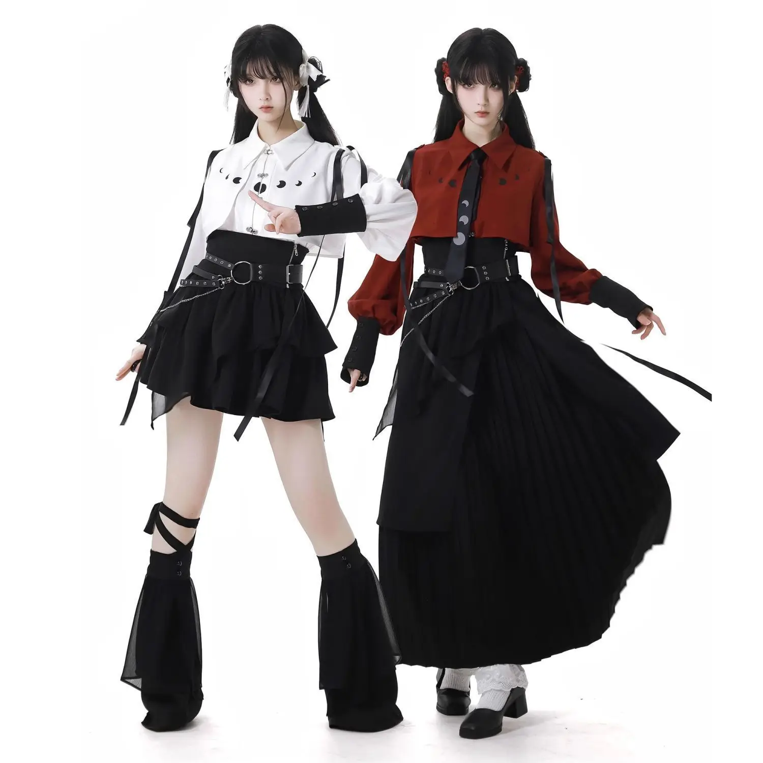 Retro Elegant 3 Piece Sets Women Outfits Gothic Button Design Tops + Black High Waist Retro Mini Skirt Female Belt Party Sets