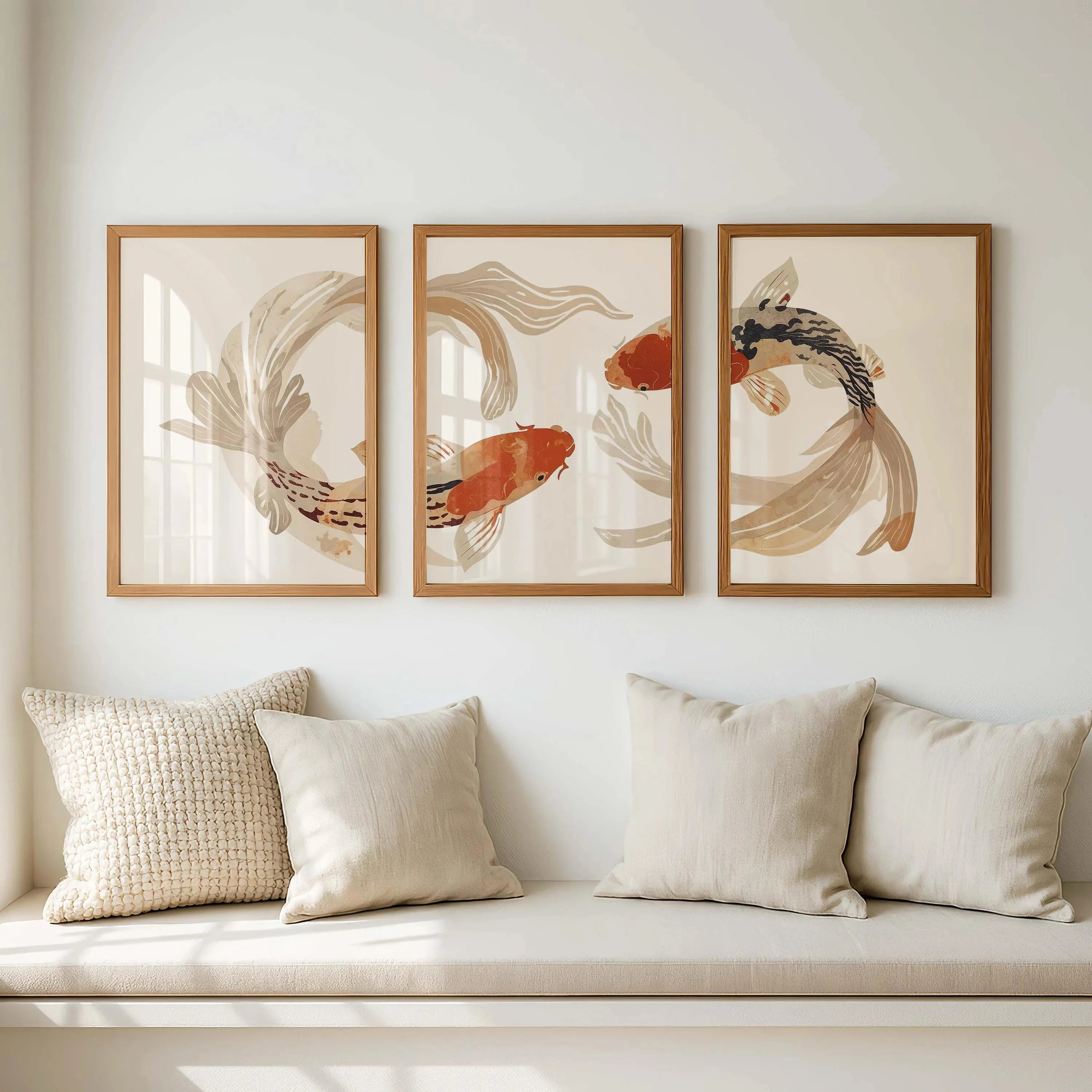 Koi Fish Triptych Wall Art,Japanese Minimalist Print Set of 3,Neutral Beige Zen Decor,Modern Living Room Wall Art,Asian Artwork