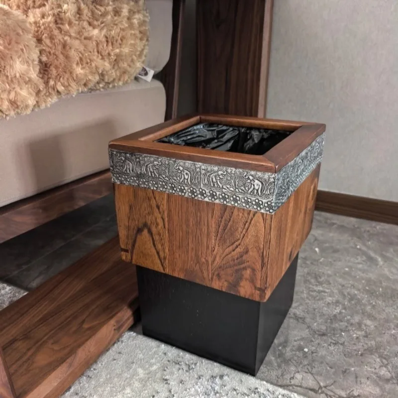 Mid-Century Solid Wood Trash Can, Luxury Living Room Paper Basket, Vintage Chinese Kitchen Bin, High-End Bedroom Bin
