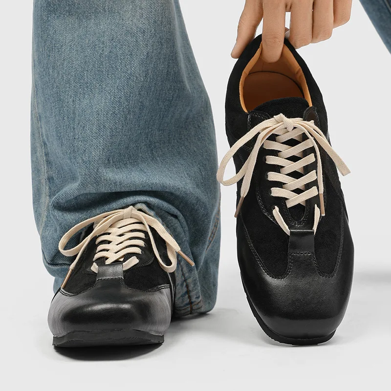 أحذية رجالية مسطحة من العلامة التجارية المصممة خفيفة الوزن قابلة للتنفس كاجوال من الجلد الناعم للرجال أحذية رياضية كاجوال مسطحة بمقدمة مستديرة #5