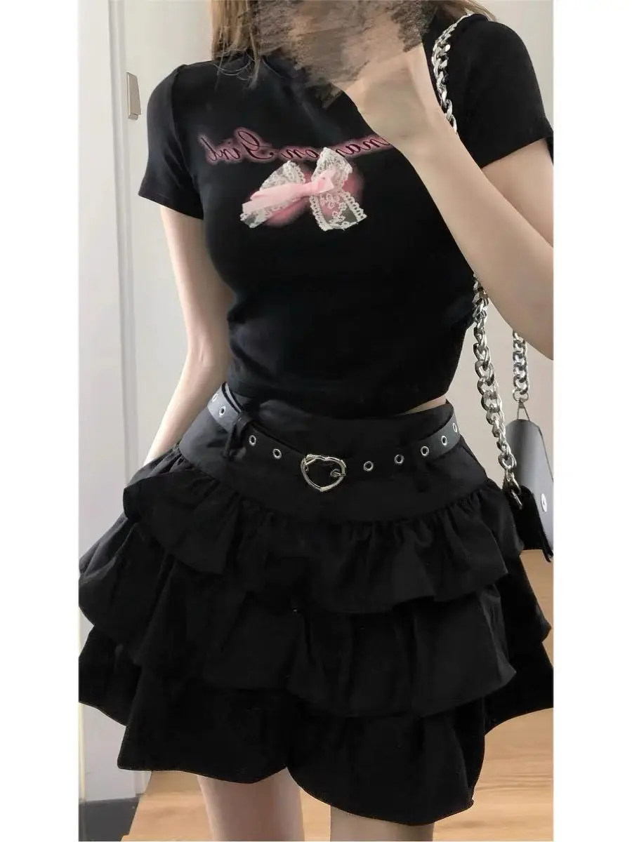 Black American Retro Y2K A-Line  Skirt Women's plus Size Cake Skirt Autumn New Style Versatile Fluffy Half-length Skirt