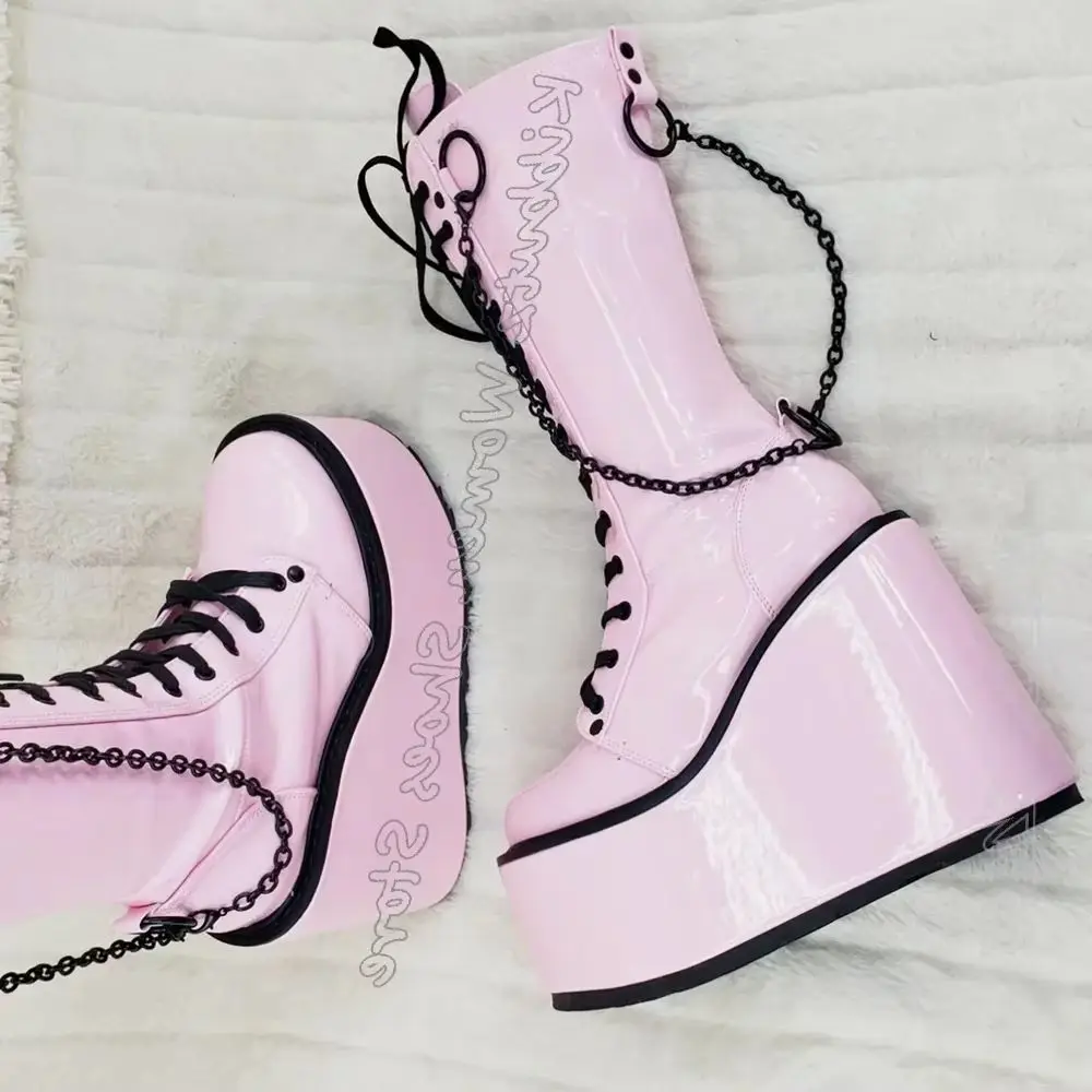 Knee High Boot Platform Sweet Women Shoes Thick Bottom Round Toe Lace-Up Mixed Color Leather Fashion Luxury Elegant Concise Sexy