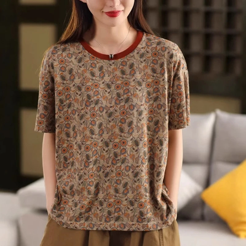Mass Wass 2025 Zomer Vrouwtjes Mode Vintage Bedrukte T-shirts Dames Klassieke Losse Bloemenkleding Vrije tijd Elegante Katoenen Tops