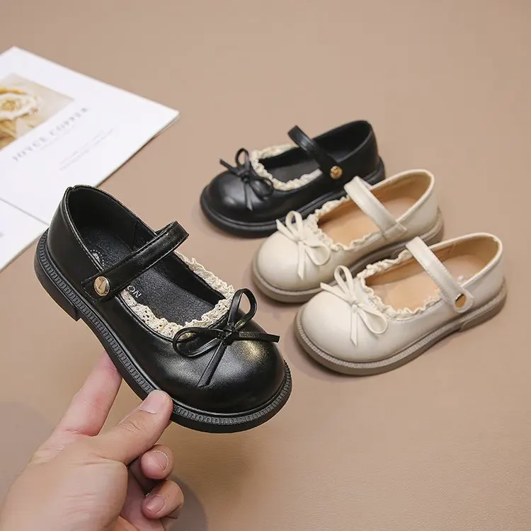 

Girls Flats with Simple Bows Children Leather Shoes Versatile Soft Bottom 2025 Spring Autumn New Kids Princess Shoes Round Toes