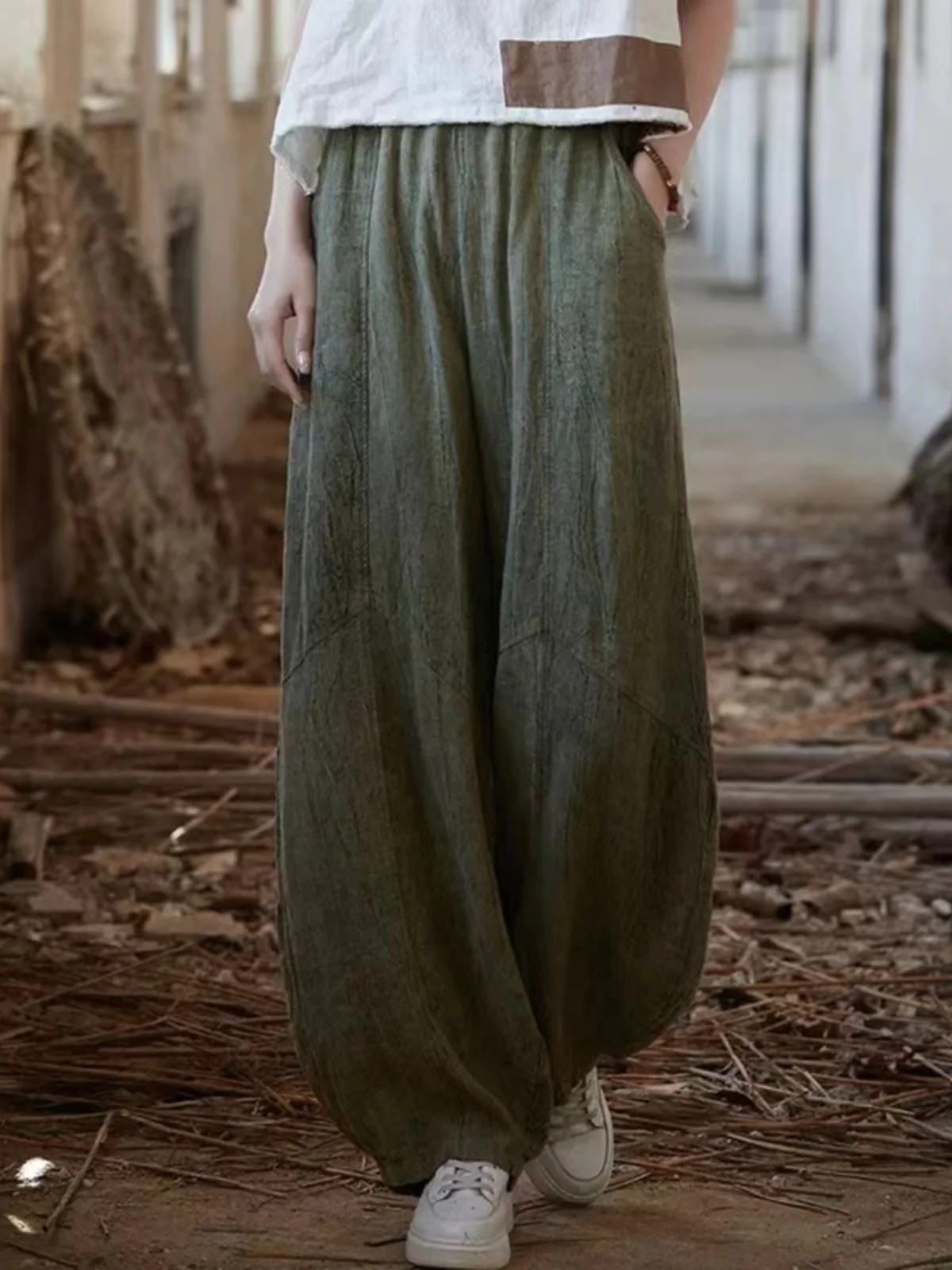 

Loose Casual Cotton Linen Wide Leg Lantern Pants High Waist Tied Dyeing Women's Spring Autumn Slimming Long Pants