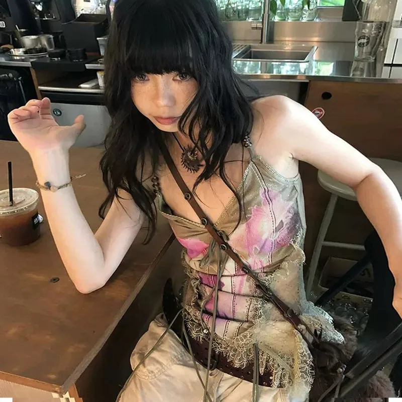 Genayooa Gothic Tank Tops Women Sleeveless Tie Dye Y2k Vintage Crop Tops Streetwear 2000s Japanese Lace Up Camis E-girls Summer