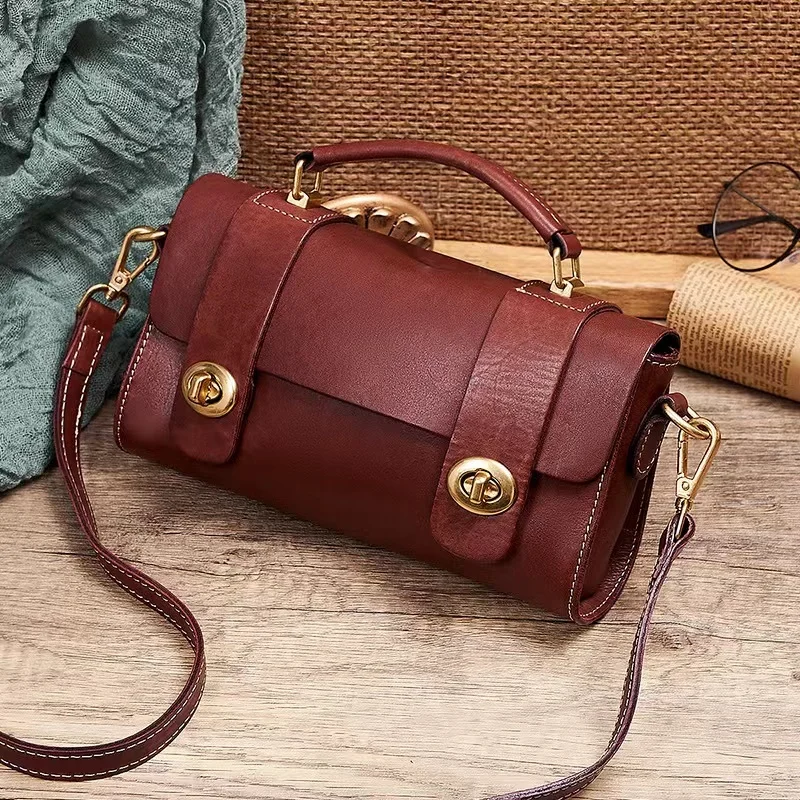 New Handmade Genuine Leather Retro Ladies Hand-held Cylinder Bag Messenger First Layer Cowhide Vegetable Tanned