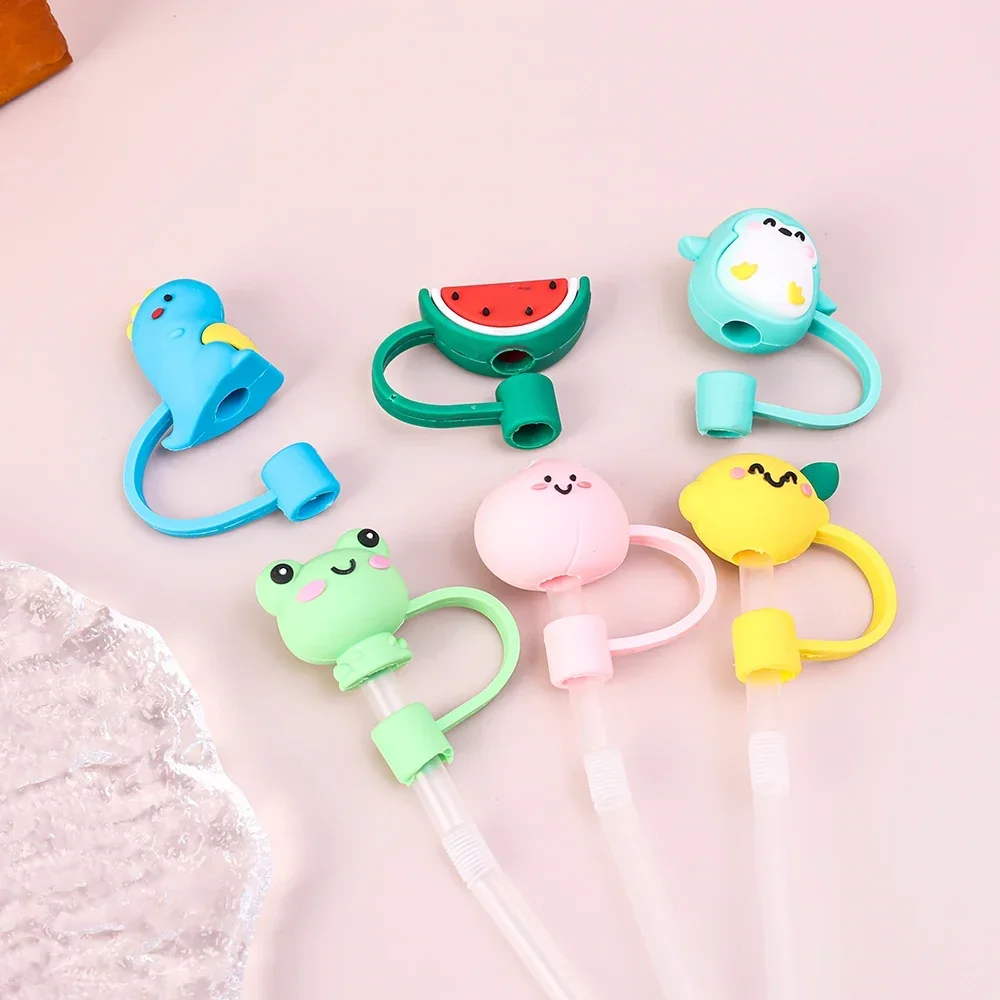 Lots Silicone Straw Plug Peach Penguin Frog Dinosaur Watermelon Pattern Tips Dust Cap Splash Proof Cup Accessories Straw Stopper