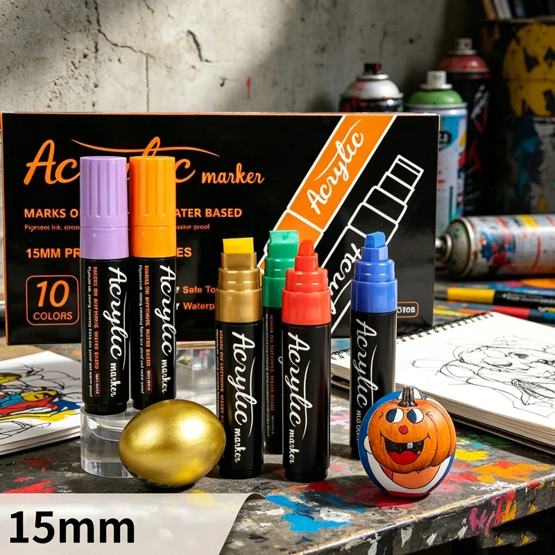 10 Colors Jumbo 15mm Acrylic Paint Marker Set, Extra Broad Chisel Tip for Graffiti, Rock Painting, POP Advertising DIY Art Pens