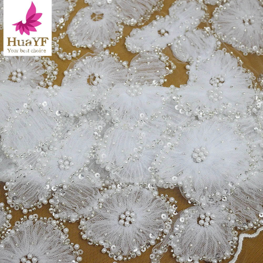 1 Yard  Luxury French 3D Embroidery  Coiling Lace  Fabric With Beads Pearls and Sequins For Wedding Dress HY2480