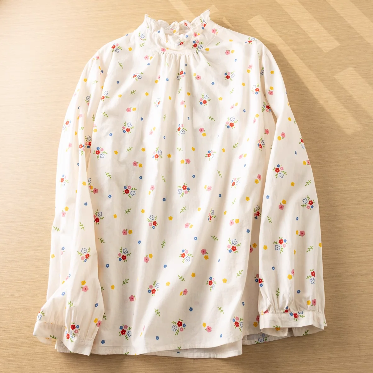 Mori girl style sweet stand collar long sleeve navy blue white printed shirts and blouses cotton  autumn women clothing