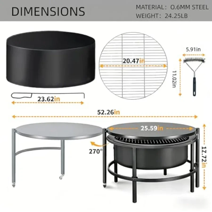 Outdoor fire pit for backyard use, cold-finished steel bowl, black, rotating BBQ grill table with poker, brush and waterproof c
