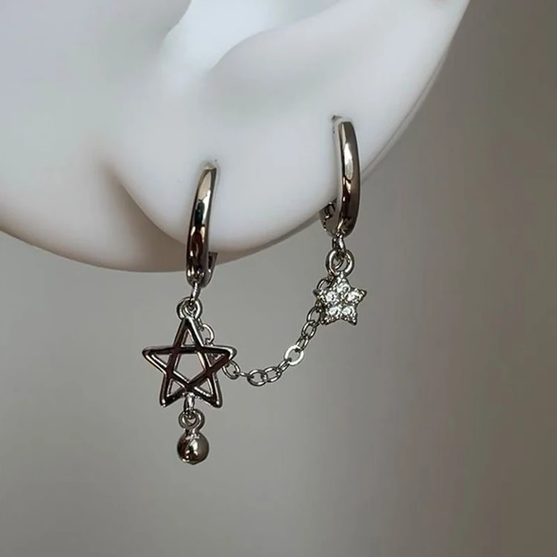 ★▲1PCS Silver Color Star Chain Double Ear Hole Ear Bone Nail Y2K Fashion Hottie Earrings For Women Jewelry