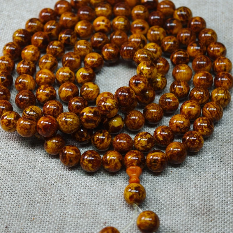 Traditional Chinese Lucky Amber Wood Agarwood Mala Beads 0.8mm 108 Pcs Full Burl Thunder Struck Jadeified Old Material Wenwan