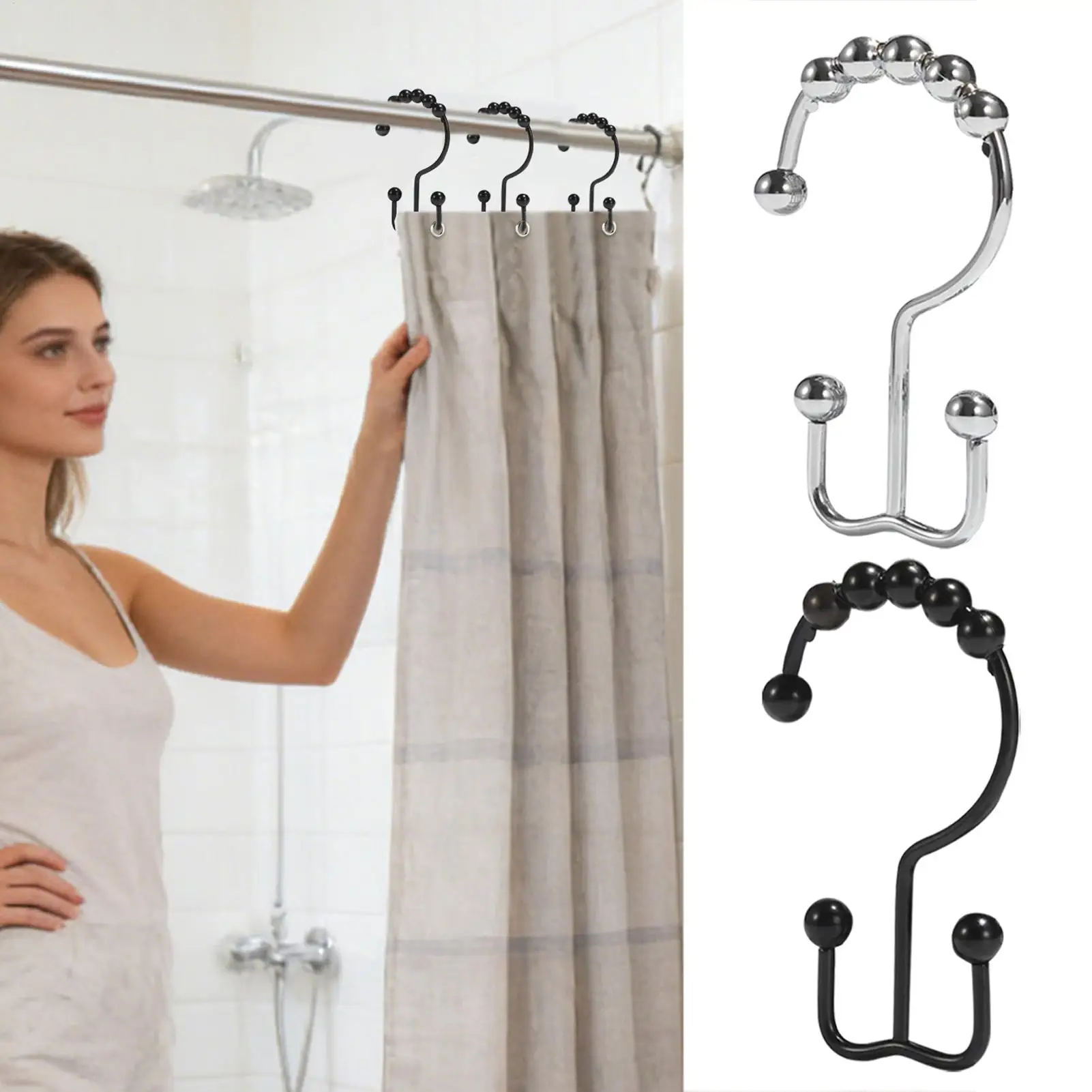 Shower Liner Hooks 12 Pieces Double Glide Liner Hanger Shower Rod Rings For Home Window Closet Bathroom Hotel Dorm Gym