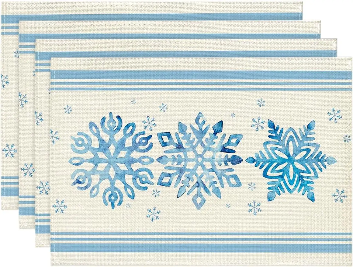 Snowflakes Striped Border Winter Placemats Set of 4 12x18 Inch Christmas Holiday Table Mats for Party Kitchen Dining Decoration