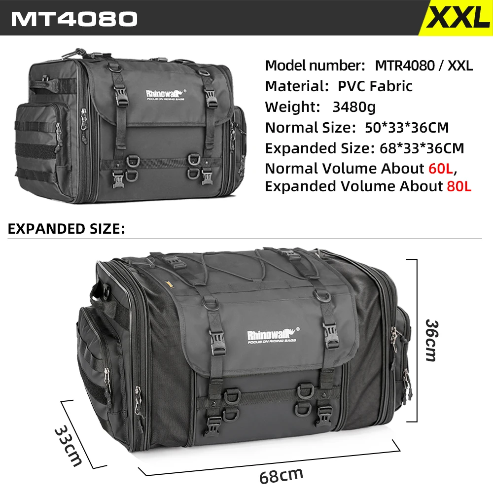 Rhinowalk Motorfiets Reisbagage Tas Waterdicht 19L-80L Uitbreidbaar Grote Capaciteit Motor Staart/Kofferbak/Rack Tas Voor de meeste motorfietsen