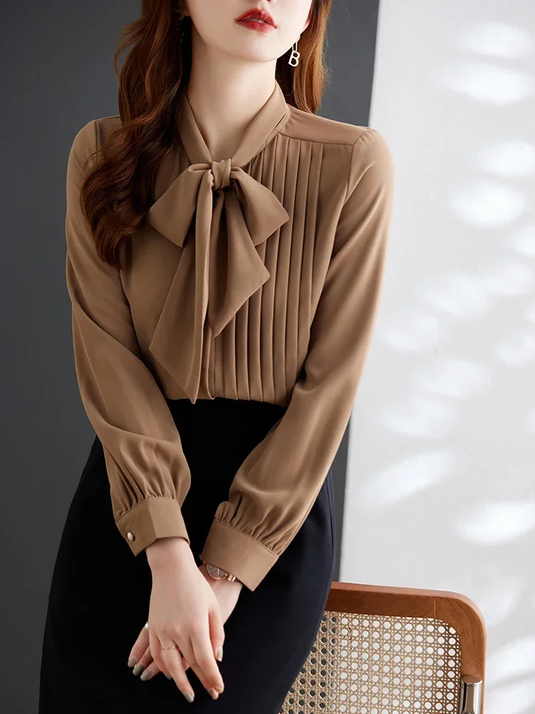 Pleated women shirt long sleeve bow tie neck pearl buttons anti wrinkle office lady elegant blouses female fashion clothes 2023