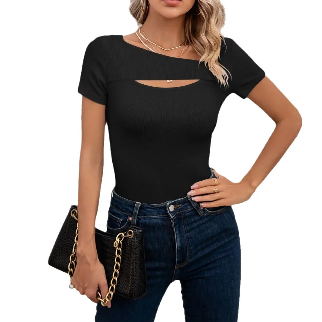 

Women's summer short sleeved T-shirt with ribbed slim fit, one piece hollowed out low round neck sexy outdoor date night top