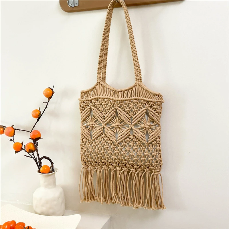 

Пряжа, однотонные пляжные сумки на плечо, мягкие универсальные женские сумки, Лидер продаж 2025, простые женские сумки с кисточками и вырезами