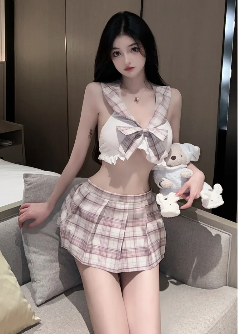 Fun Sexy JK Uniform Pleated Plaid Skirt Set Thin Slim Thin Waist Exposed Design Sweet Cute Sheer Sleeveless Romantic Tops PDZF