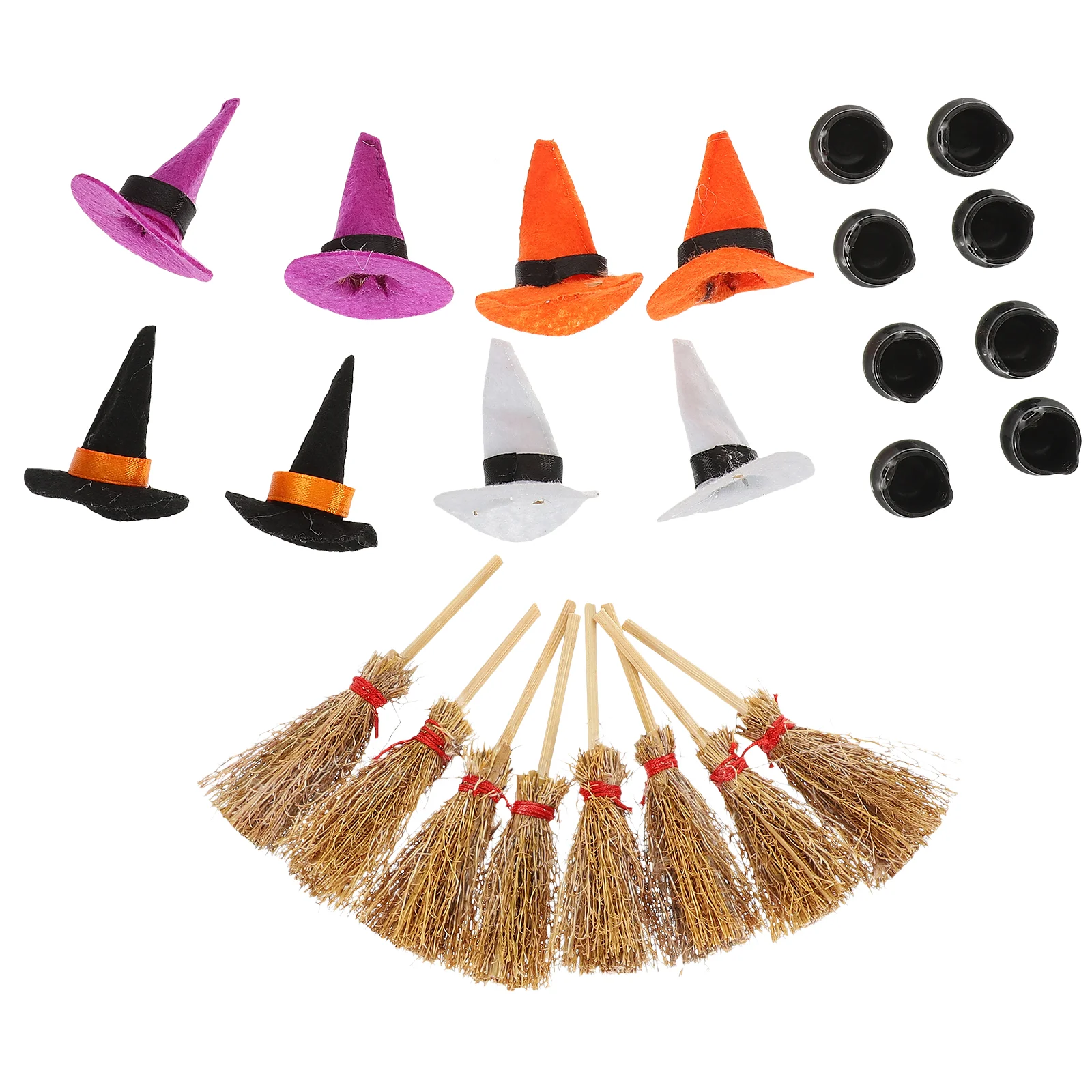 Halloween Gnome Hat Witch Bucket Set Mini Dolls Hats for Crafts Dollhouse and Broom Decor Plastic Tiny Decors Witches