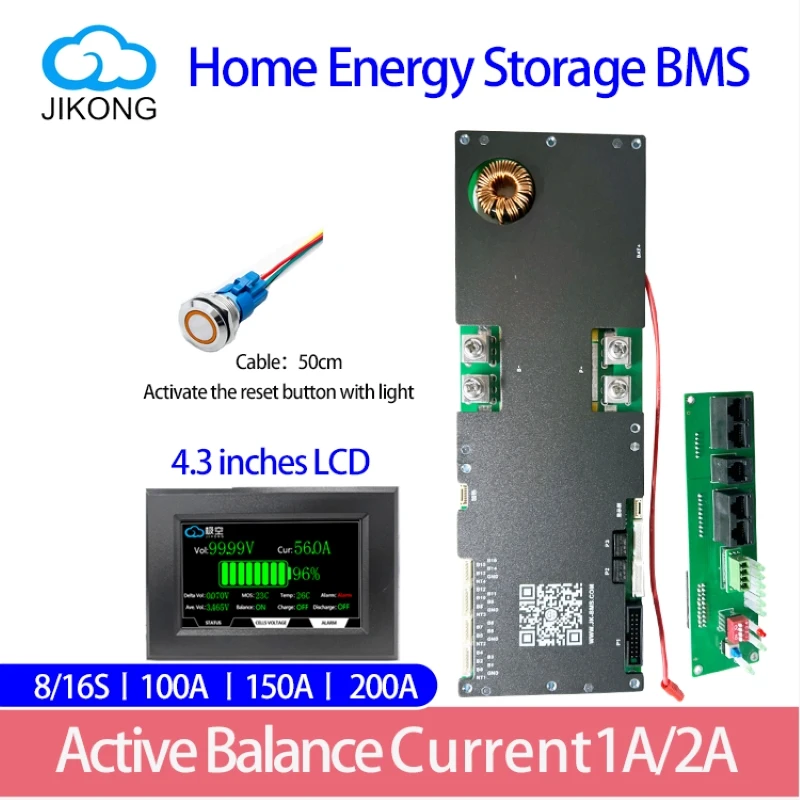 JIKONG JKBMS JK-PB2A16S20P V19 24V 48V LiFePo4 Li-Ion Battery 150A 200A Household Energy BMS to Inverter Active balancer 1A 2A