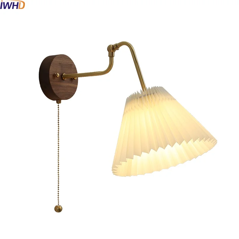 

IWHD Fabric Copper LED Wall Lamp Sconce Bedroom Living Room Bathroom Mirror Pull Chain Switch Modern Stair Light Fixtures