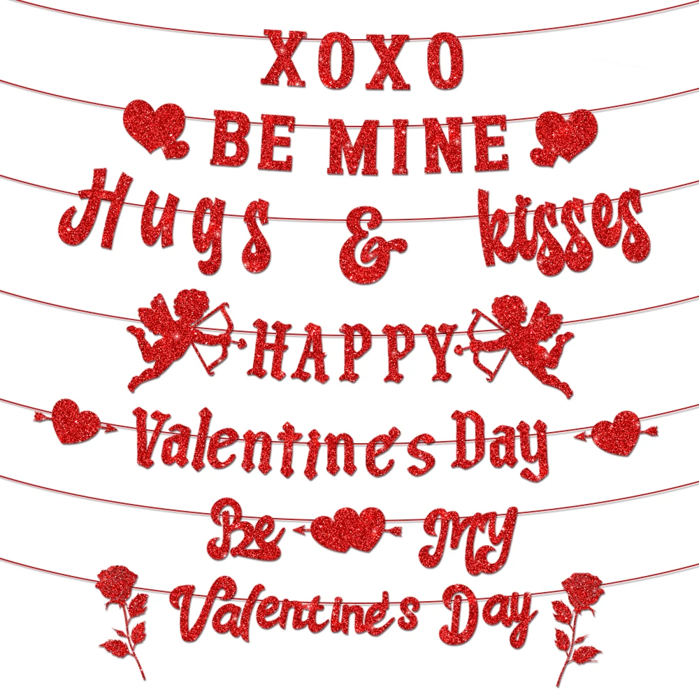 Red Valentine's Day Banner Romantic Valentine's Day Party Decoration Hugs Kiss Be Mine XOXO Glitter Paper Garland Bunting Banner