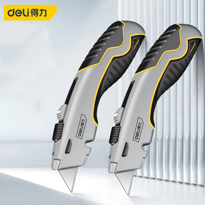 Deli-Heavy Duty Box Cutter, liga de zinco canivete, terceira engrenagem retrátil utilitário faca, built-in 3 lâminas para tapete de couro