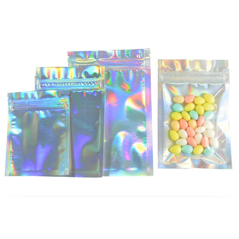 Holographic Color 100 Pcs Resealable Smell Proof Bags Foil Pouch Bag Flat laser color Packaging Bag for Party Favor Food Storage