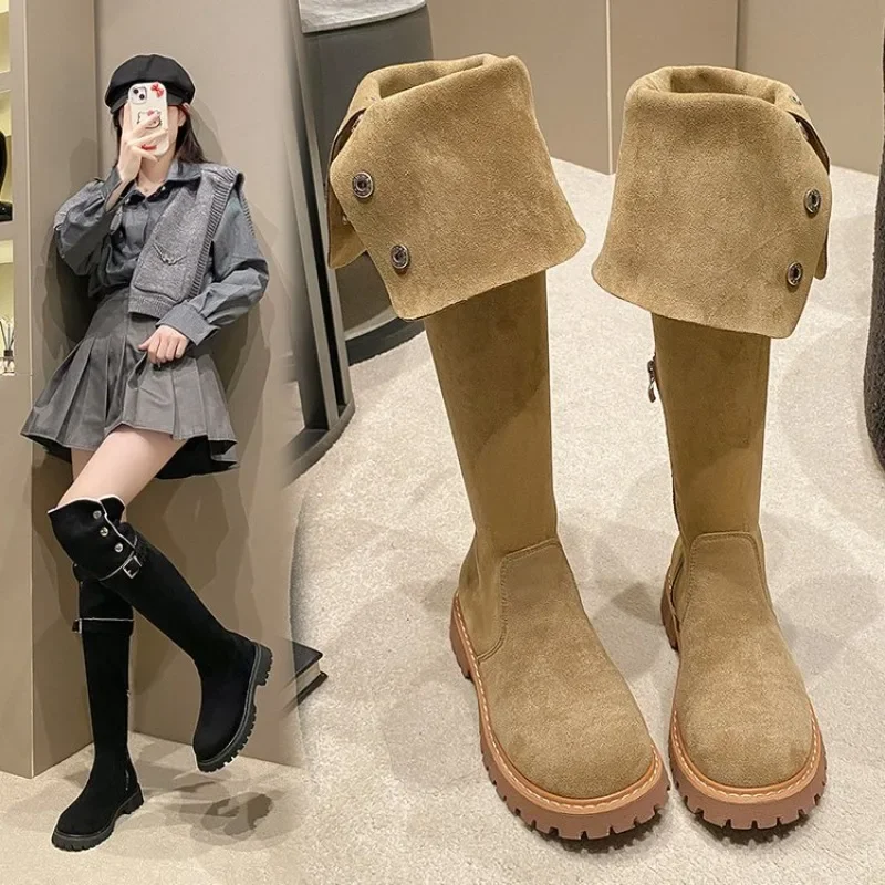 2024 New Vintage Brown Two Wear Western Boots Autumn and Winter Suede High Sleeve Boots Thick Heel Over Knee Long Boots Women