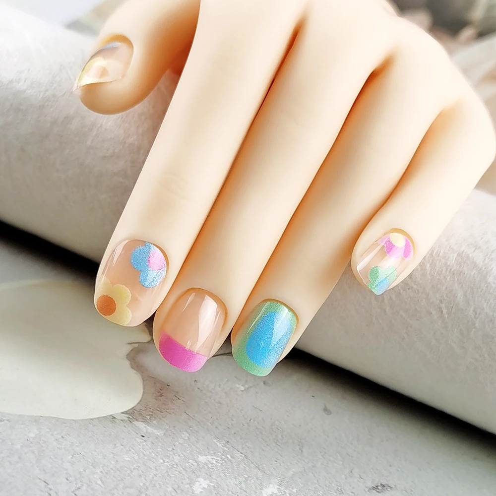

24 Pcs Flowers False Nail Art Tips Pre-glue Oval French Kids Press on Nails Short Full Cover Fake Nails for Girl