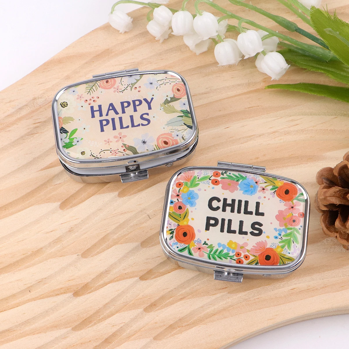 Quotation 2 Compartments Metal Medicine Box Portable Travel Decorated  Sealed Small Pill Organizer Container Storage