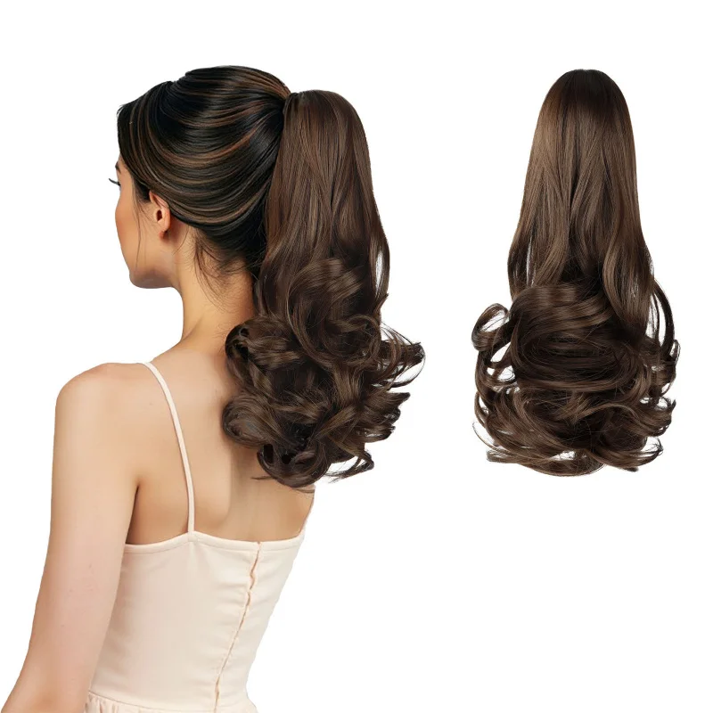 European and American style claw clip wig with pear-shaped curls, medium-length high ponytail for women