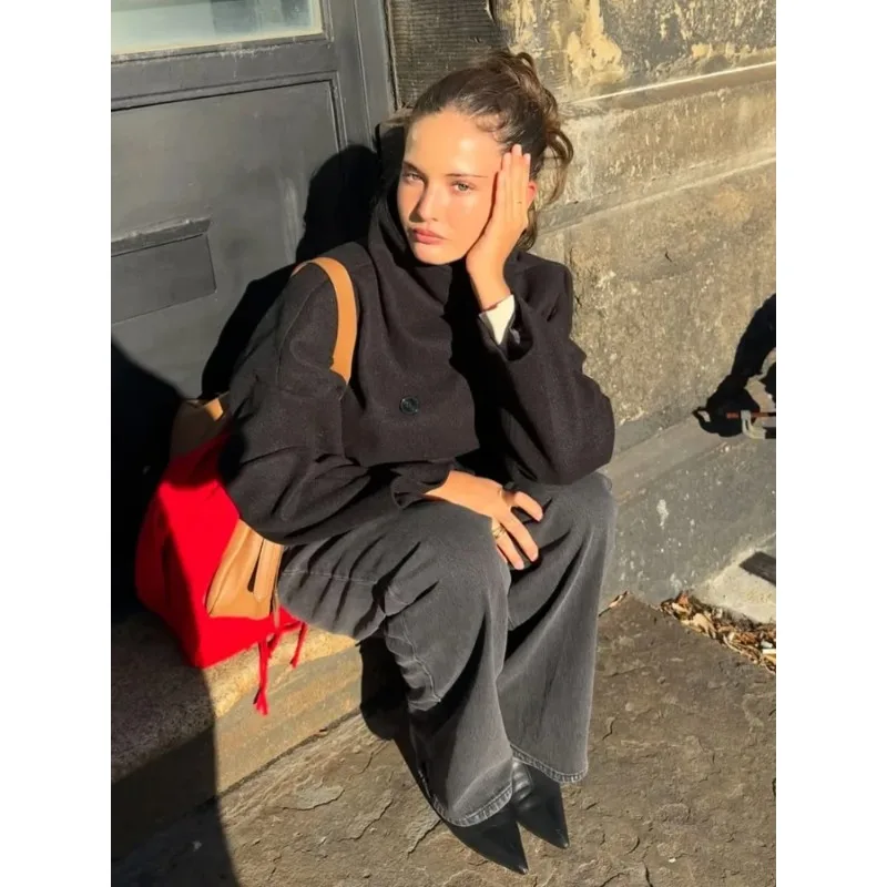 

Новое модное универсальное женское шерстяное пальто свободного кроя с воротником-стойкой, длинными рукавами и двубортной застежкой