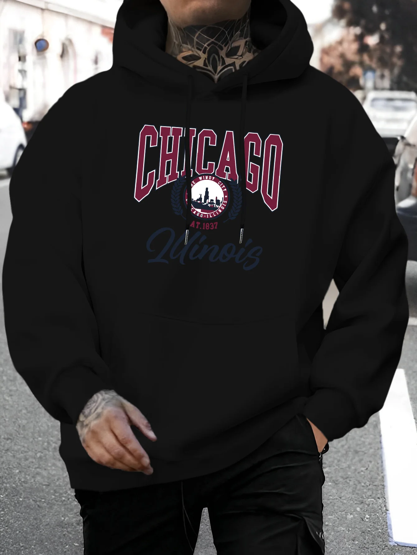 Men's New Fashion Personalized Design Chicago Letter Printing Casual Sweater Fashion Drawstring Hoodie Autumn and Winter Top