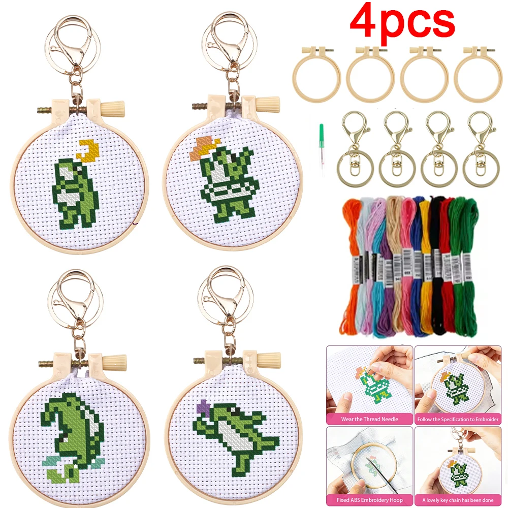 4pcs Embroidery Starter Kit DIY Cross Stitch Frog Pattern Craft Material Portable Needles Remover Threading Tool With Hoop Kids