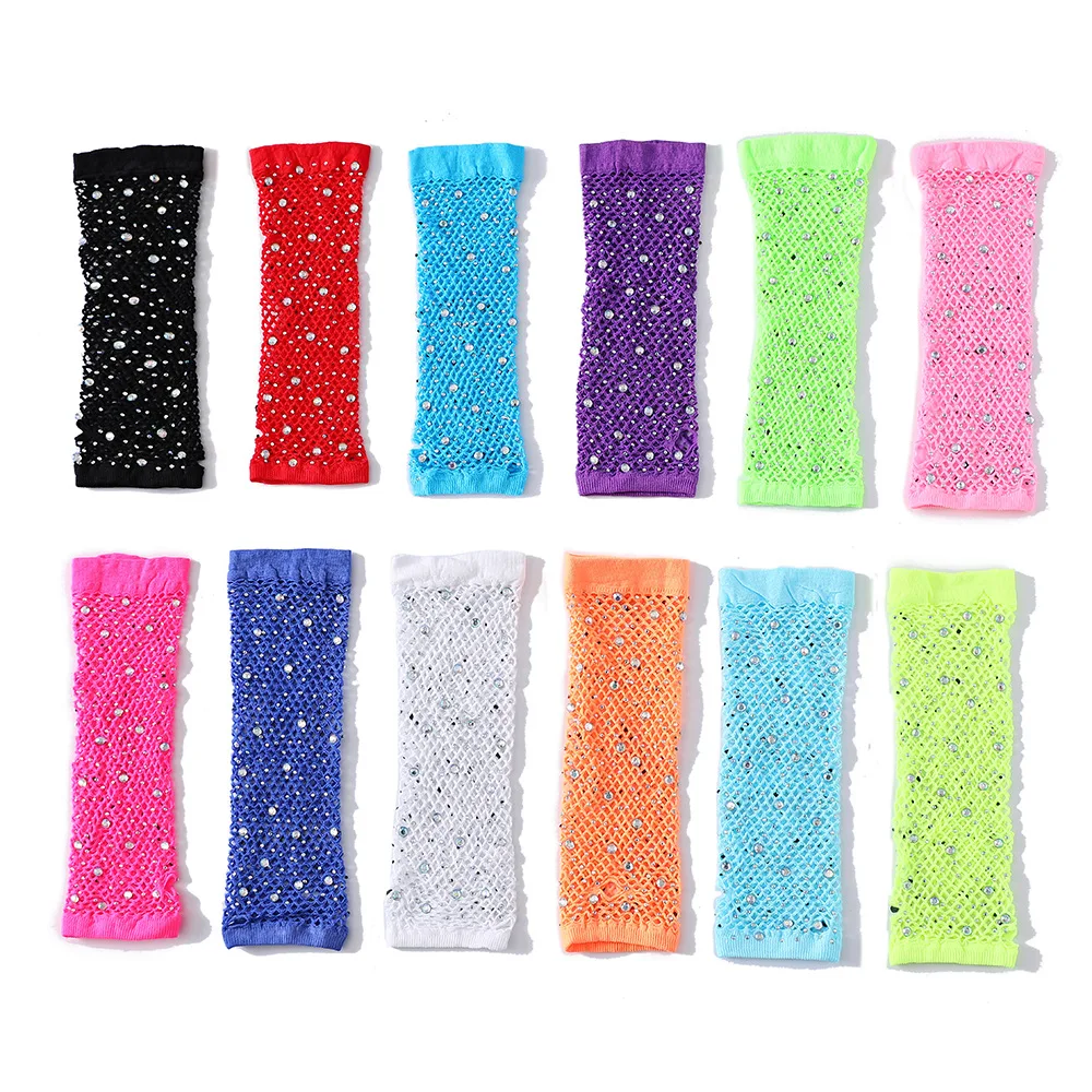 Fishnet Fingerless Gloves Rhinestone Stretchy Multi Color Long Adult Size Nylon Spandex Lightweight Party Stage Show Breathable