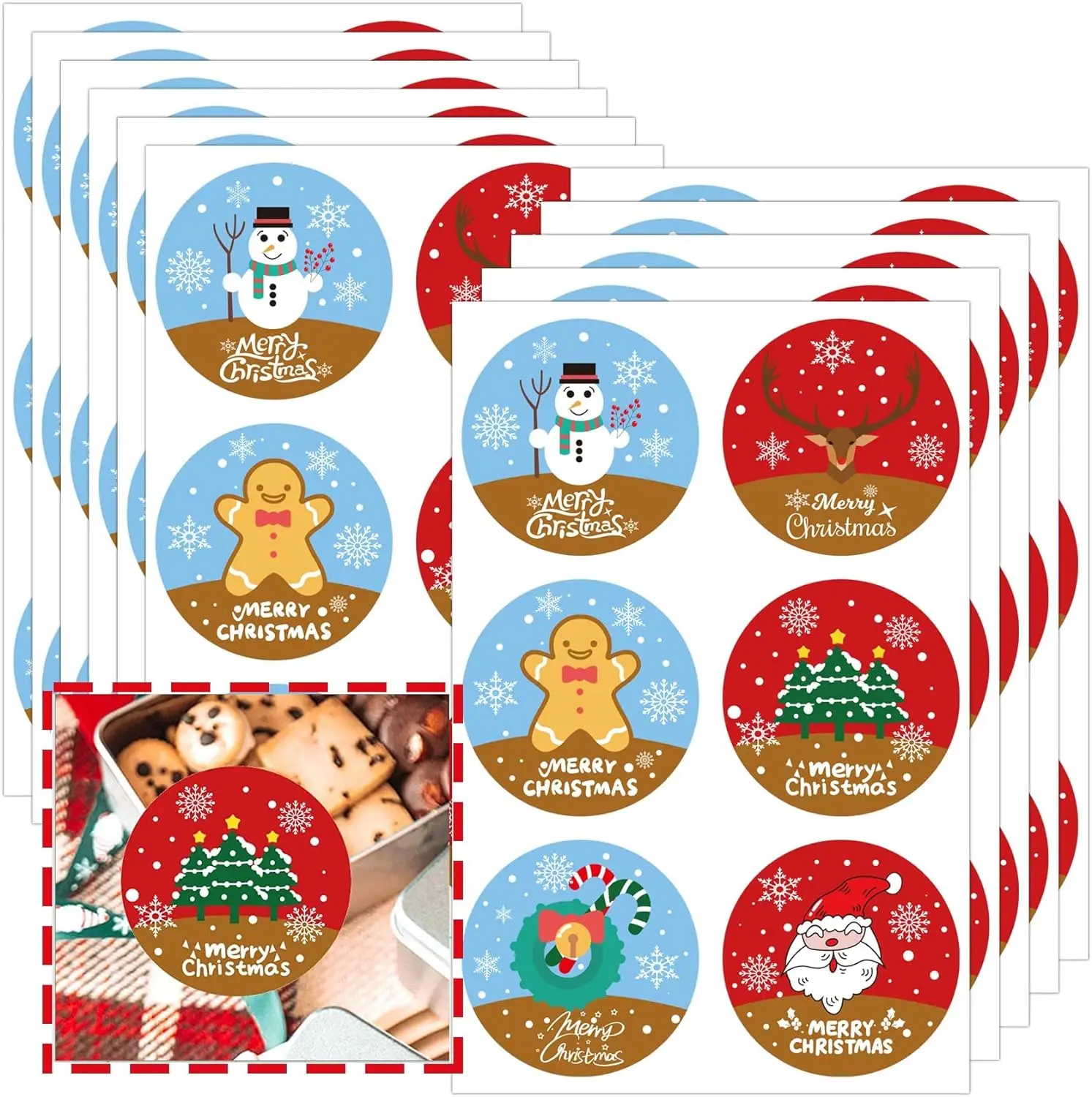 

300 Pcs Merry Christmas Stickers 2Inch Tree Santa Clause Snowman Deer Gift Tag Sticker Christmas Gift Labels Holiday Present