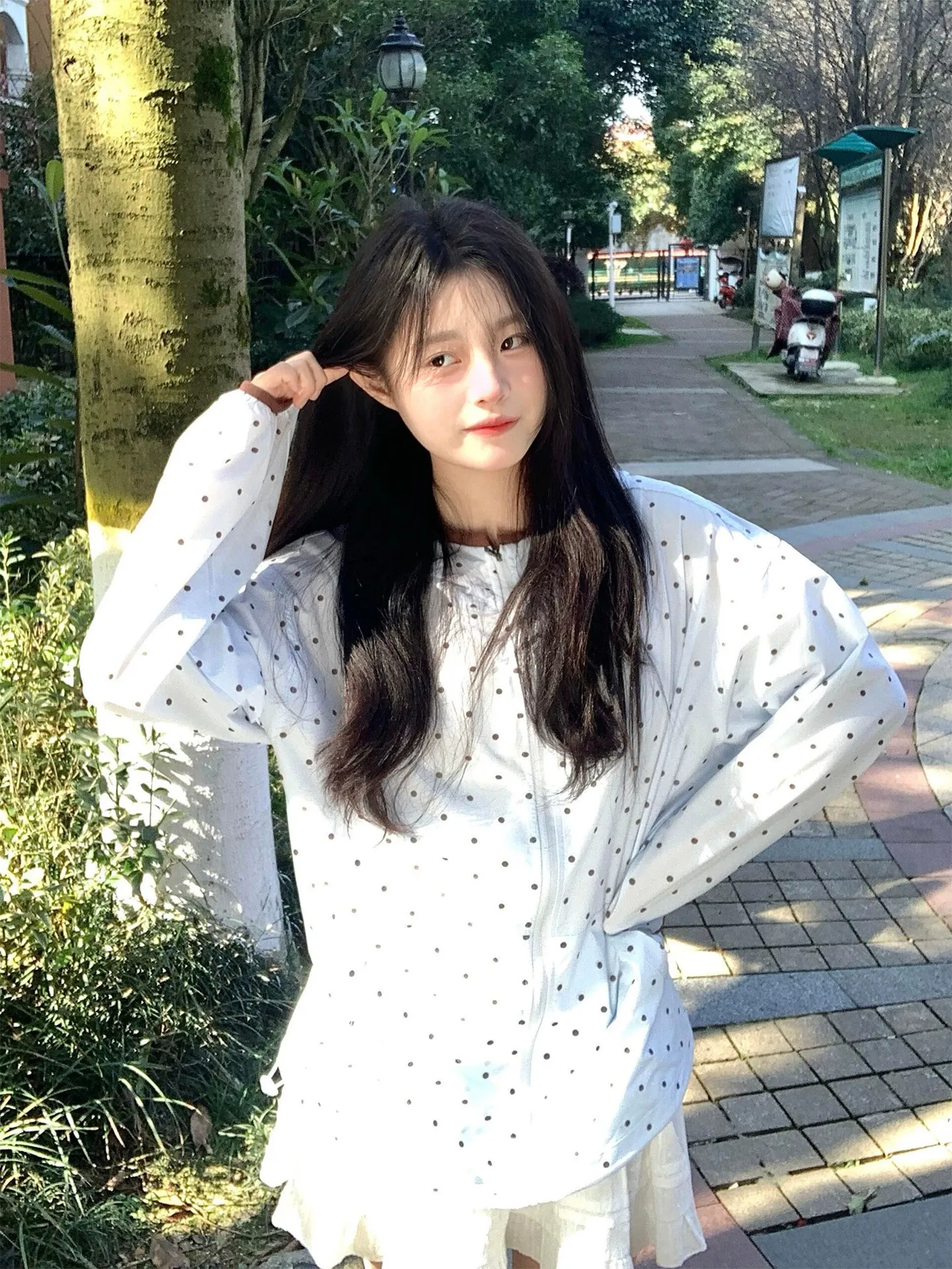Summer 2026 Women's Polka Dot Open Cardigan Loose Zipper Printed Casual Sun Protection Outerwear Long Sleeve Hooded Straight Hem