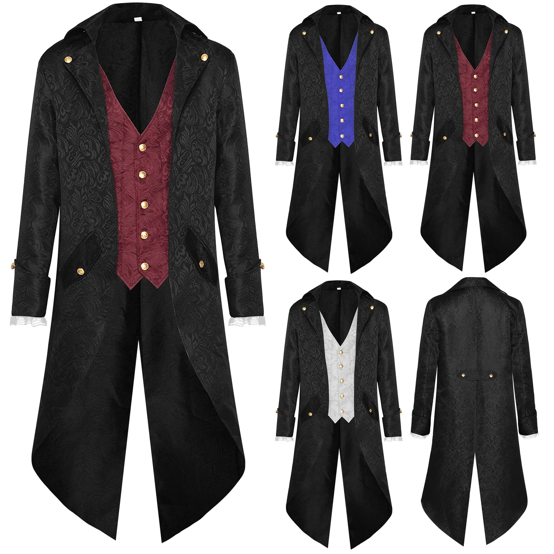 

New European Men Medieval Retro Tailcoat Jacquard Clothing Mid Length Steampunk Jacket Victorian Edwardian Cosplay Costume